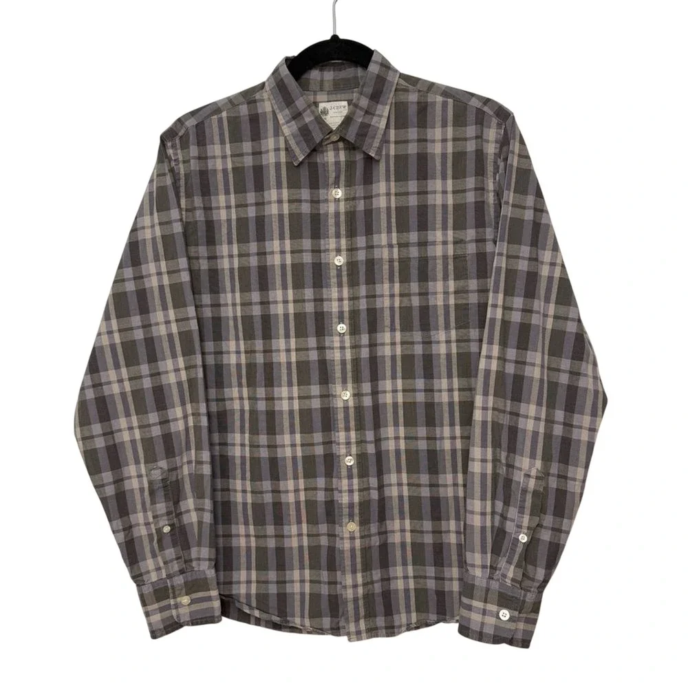 J Crew Mens Button Up Plaid Long Sleeve Shirt Gray Medium Casual Washed
